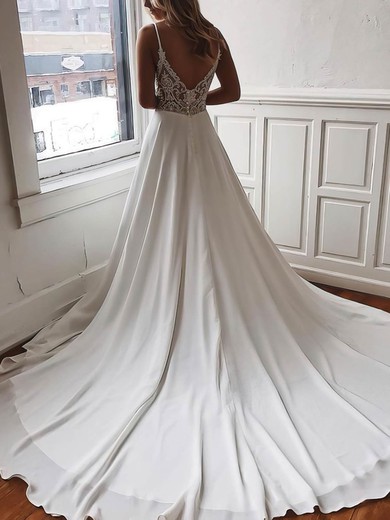 A-line V-neck Chiffon Sweep Train Wedding Dresses With Lace #Milly00023519