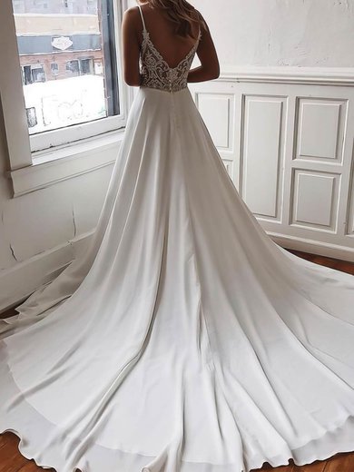 A-line V-neck Chiffon Sweep Train Wedding Dresses With Lace #Milly00023519