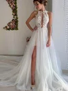 A-line Scoop Neck Tulle Chapel Train Appliques Lace Wedding Dresses #Milly00023520