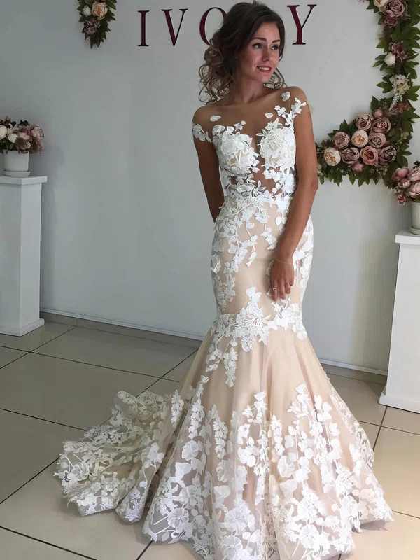 Trumpet/Mermaid Scoop Neck Tulle Sweep Train Appliques Lace Wedding Dresses #Milly00023521