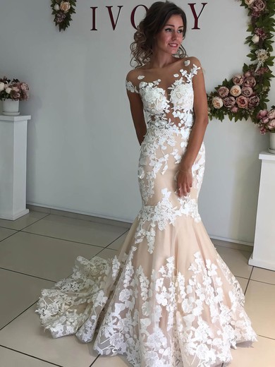 Trumpet/Mermaid Illusion Tulle Sweep Train Wedding Dresses With Appliques Lace #Milly00023521