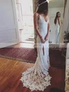 Sheath/Column V-neck Lace Sweep Train Split Front Wedding Dresses #Milly00023522