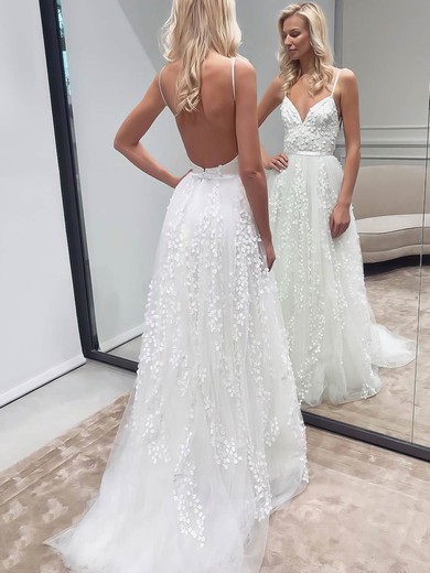 A-line V-neck Tulle Sweep Train Appliques Lace Wedding Dresses #Milly00023523