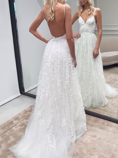 Ball Gown V-neck Tulle Sweep Train Wedding Dresses With Appliques Lace #Milly00023523