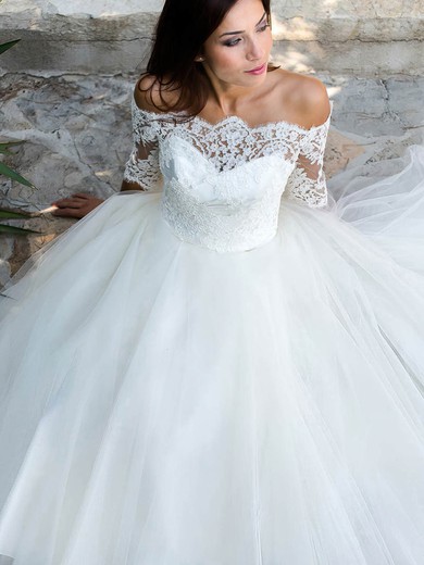 Ball Gown Off-the-shoulder Tulle Ankle-length Sashes / Ribbons Wedding Dresses #Milly00023524