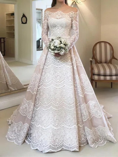 Ball Gown/Princess Off-the-shoulder Lace Sweep Train Wedding Dresses With Buttons #Milly00023527