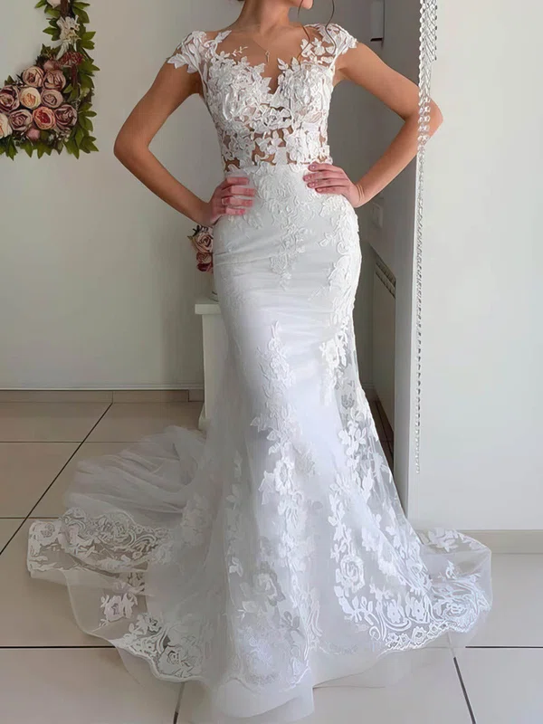 Trumpet/Mermaid Illusion Tulle Sweep Train Wedding Dresses With Appliques Lace #Milly00023528