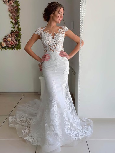 Trumpet/Mermaid Scoop Neck Lace Tulle Sweep Train Appliques Lace Wedding Dresses #Milly00023528