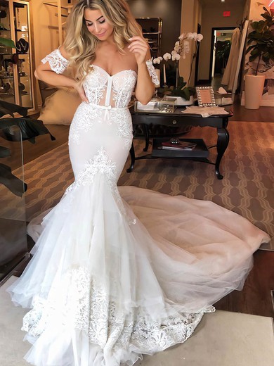 Trumpet/Mermaid Sweetheart Lace Tulle Court Train Wedding Dresses With Sashes / Ribbons #Milly00023529