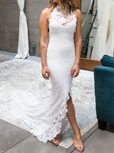 Trumpet/Mermaid High Neck Lace Court Train Wedding Dresses With Split Front #Milly00023531