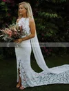 Trumpet/Mermaid High Neck Lace Court Train Split Front Wedding Dresses #Milly00023531
