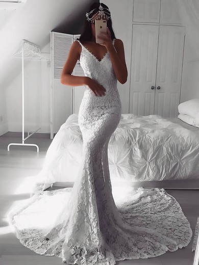 Trumpet/Mermaid V-neck Lace Sweep Train Appliques Lace Wedding Dresses #Milly00023532