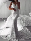 Trumpet/Mermaid V-neck Lace Sweep Train Wedding Dresses #Milly00023532