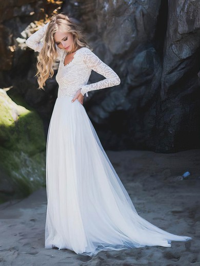 A-line V-neck Lace Tulle Sweep Train Lace Wedding Dresses #Milly00023536