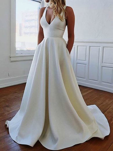 Ball Gown/Princess V-neck Satin Sweep Train Wedding Dresses With Pockets #Milly00023538