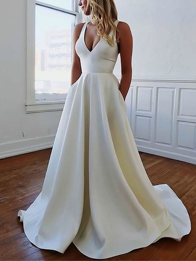 A-line V-neck Satin Sweep Train Bow Wedding Dresses #Milly00023538