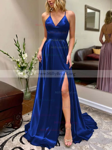 A Line V Neck Satin Long Royal Blue Prom Dresses with Hihg Split, V Neck  Royal Blue Formal Dresses, Royal Blue Evening Dresses