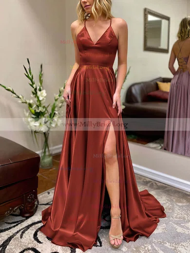 A-Line V Neck Spaghetti Straps Backless Sweep Train Red Satin Long