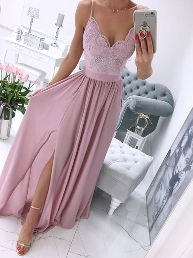 A-line V-neck Chiffon Sweep Train Appliques Lace Prom Dresses #Milly020106661