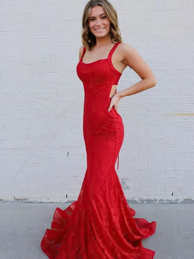 Trumpet/Mermaid Square Neckline Lace Sweep Train Beading Prom Dresses #Milly020106662