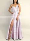A-line V-neck Silk-like Satin Sweep Train Split Front Prom Dresses #Milly020106743