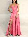 A-line V-neck Silk-like Satin Sweep Train Split Front Prom Dresses #Milly020106743