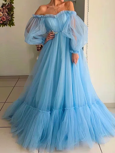 Ball Gown Off-the-shoulder Tulle Modest Prom Dresses With Puff Sleeve #Milly020106822