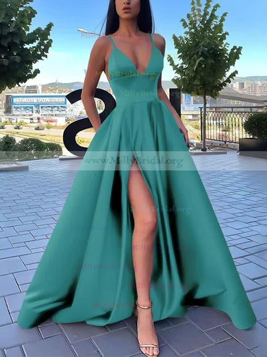 Flowy Satin V-neckline A-line Emerald Bridesmaids or Evening Gown