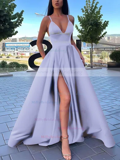 Ball Gown V-neck Satin Floor-length Pockets Prom Dresses 