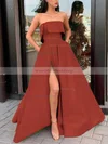A-line Strapless Satin Sweep Train Sashes / Ribbons Prom Dresses #Milly020106849
