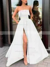A-line Strapless Satin Sweep Train Sashes / Ribbons Prom Dresses #Milly020106849