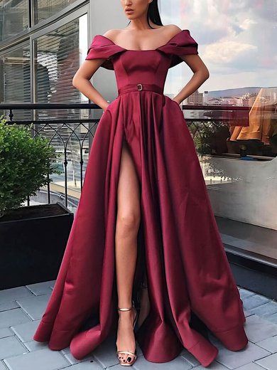 A-line Off-the-shoulder Satin Sweep Train Sashes / Ribbons Prom Dresses #Milly020106854