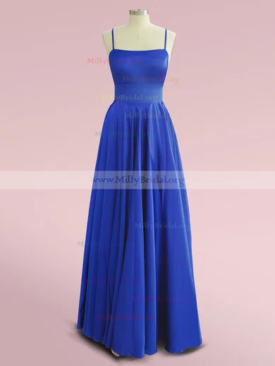 A-Line Square Neckline Satin Blue Long Prom Dress, Blue Evening Dresses