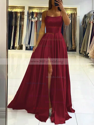 A-line Square Neckline Spaghetti Straps Sweep Train Charmeuse Prom Dress  With Split - Prom Dresses - Stacees