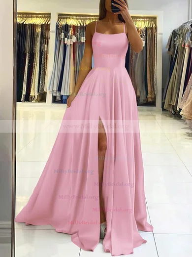 Off the Shoulder A-Line Sweep Train Split Front Pink Prom Dress with Belt  PG830