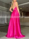 A-line V-neck Silk-like Satin Sweep Train Split Front Prom Dresses #Milly020106866