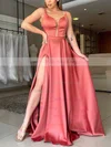 A-line V-neck Silk-like Satin Sweep Train Split Front Prom Dresses #Milly020106866