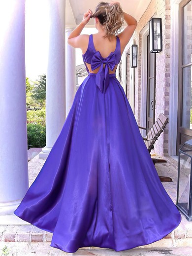 A-line V-neck Satin Sweep Train Bow Prom Dresses #Milly020106874