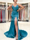 Trumpet/Mermaid V-neck Silk-like Satin Sweep Train Ruffles Prom Dresses #Milly020106880