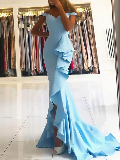 Mermaid Off-the-shoulder Satin Modest Prom Dresses With Ruffle #Milly020106909
