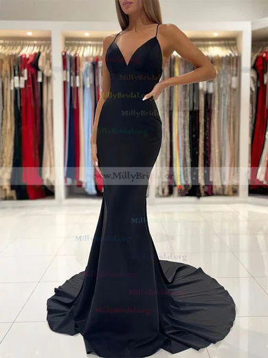 Trumpet/Mermaid V Neck Spaghetti Straps Long/Floor-Length Silk like Satin  Prom Dress With Ruffles - Prom Dresses - Stacees