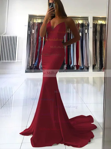 Trumpet/Mermaid V Neck Spaghetti Straps Long/Floor-Length Silk like Satin  Prom Dress With Ruffles - Prom Dresses - Stacees
