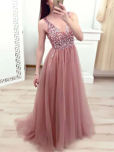 A-line V-neck Tulle Sweep Train Beading Prom Dresses #Milly020106698