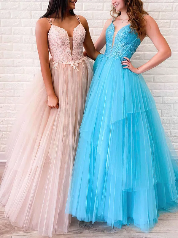 Ball Gown/Princess Floor-length V-neck Tulle Appliques Lace Prom Dresses #Milly020106721