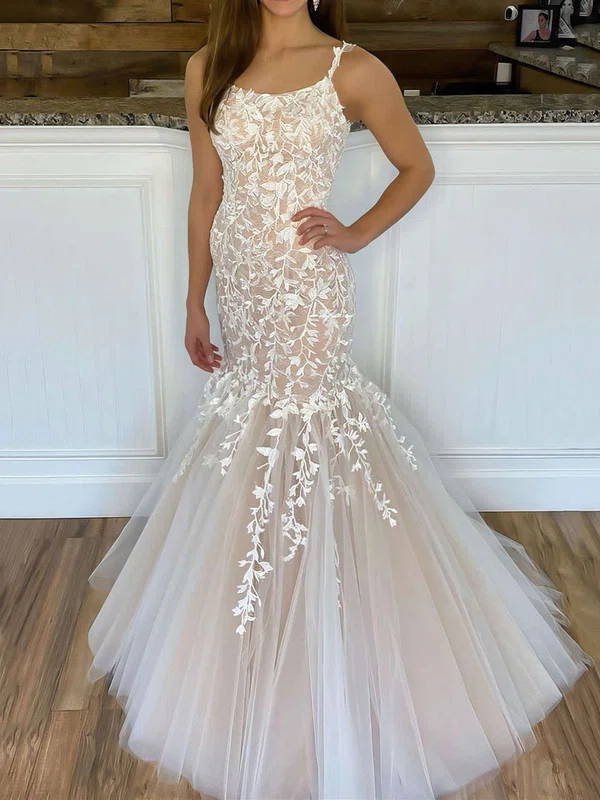 Trumpet/Mermaid Sweep Train Scoop Neck Tulle Appliques Lace Prom Dresses #Milly020106729
