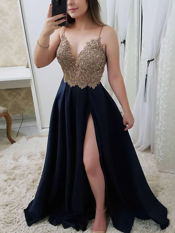 A-line V-neck Satin Sweep Train Appliques Lace Prom Dresses #Milly020106751