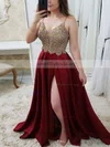 A-line V-neck Satin Sweep Train Appliques Lace Prom Dresses #Milly020106751