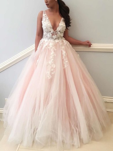 Ball Gown V-neck Tulle Sweep Train Appliques Lace Prom Dresses #Milly020106757