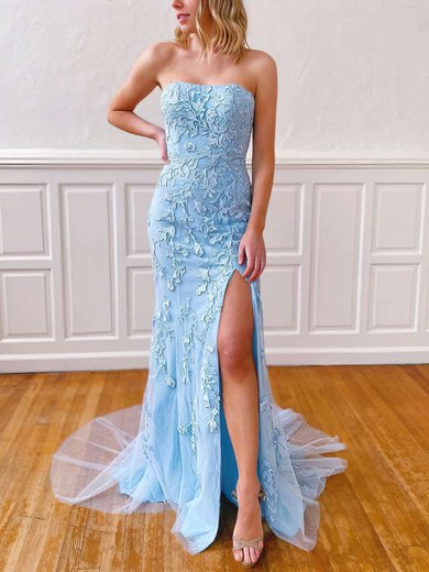 Sheath/Column Strapless Lace Tulle Sweep Train Appliques Lace Prom Dresses #Milly020106782