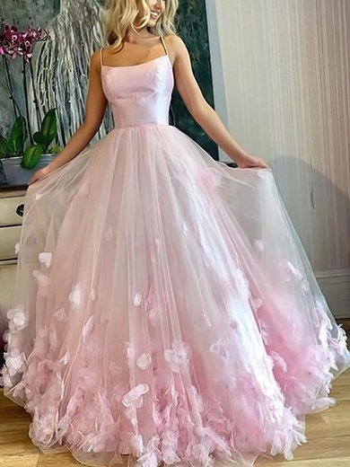 Ball Gown/Princess Scoop Neck Tulle Sweep Train Prom Dresses With Flower(s) S020106830